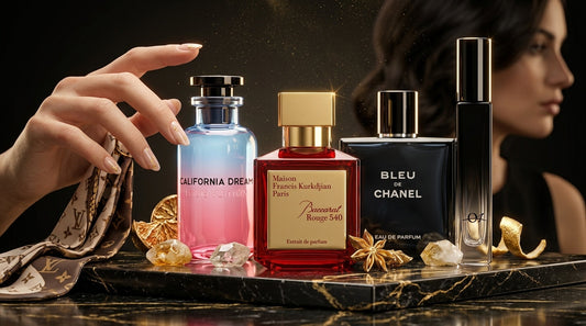 Une photo d'un de vos élégants vaporisateurs 10ml ORIZON7 posé à côté d'un flacon original (comme un Baccarat Rouge ou un Louis Vuitton), sur un fond sombre ou marbré.