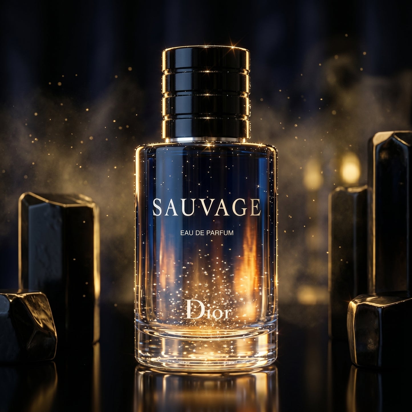 Gros plan sur le bouchon magnétique noir et les gravures du parfum Sauvage.