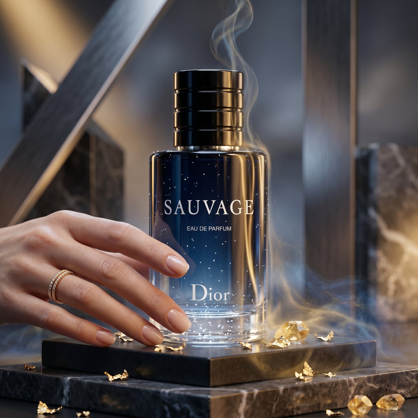 Flacon bleu nuit dégradé de Dior Sauvage posé.
