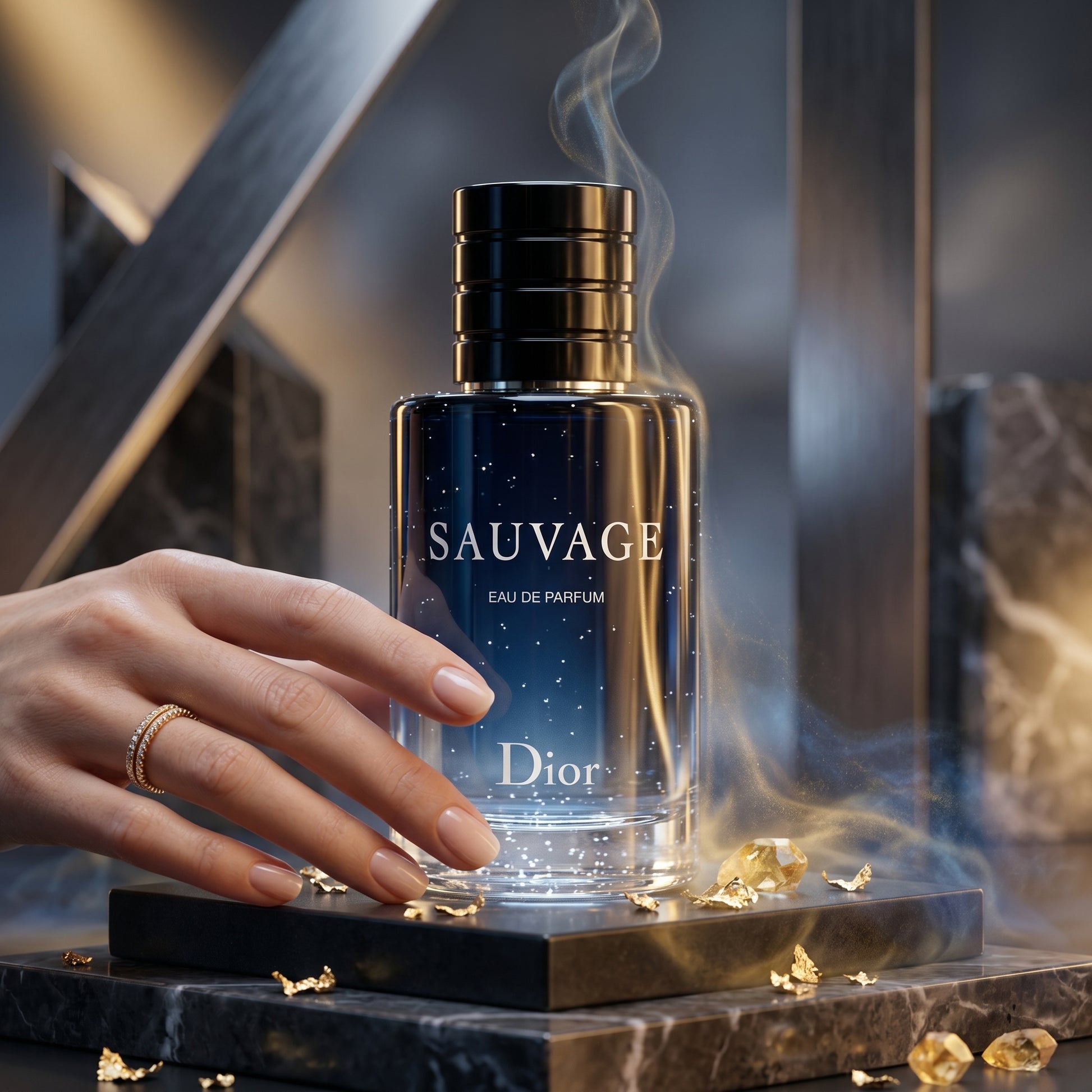 Flacon bleu nuit dégradé de Dior Sauvage posé.